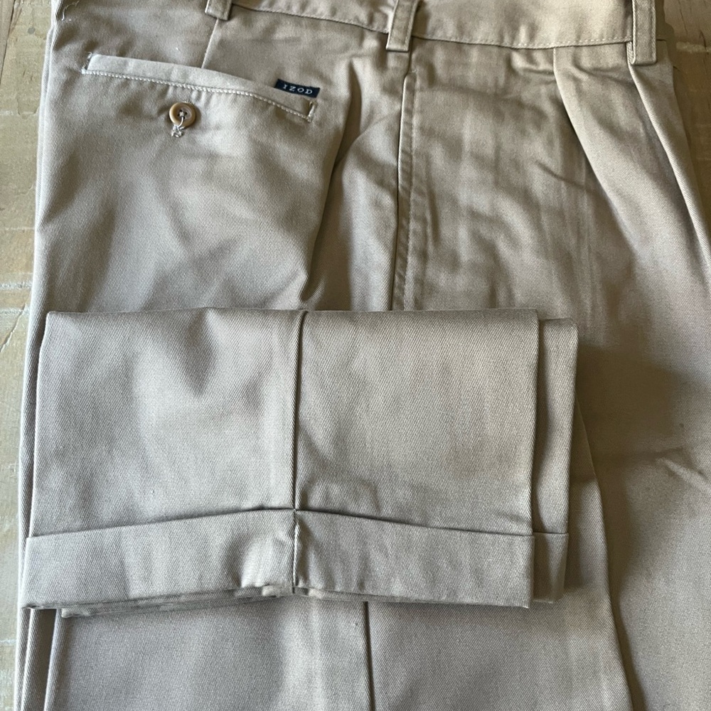 Men’s cuffed slacks, IZOD, tan , good condition 36w 32L